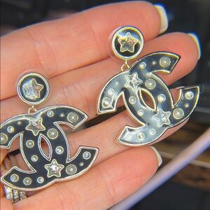 Black and Gold C Star Drop Earrings